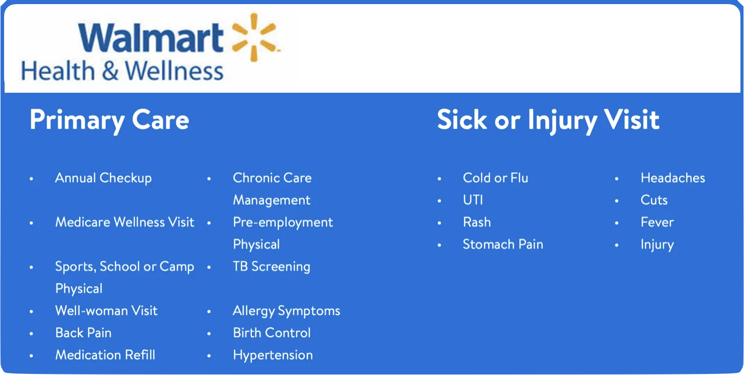 Walmart Health and Wellness webpage listing primary care and sick visits