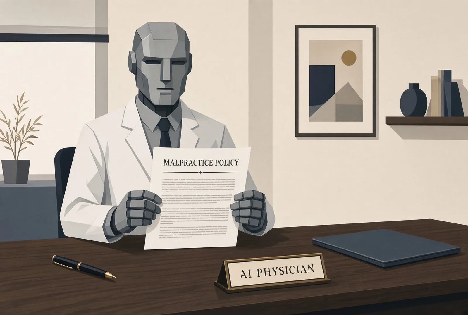 AI physician sitting at a desk looking at a document labeled "Malpractice Policy"
