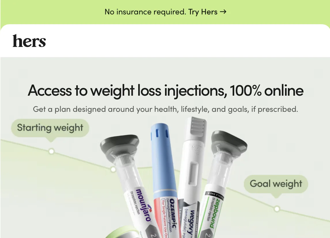 Hers online weight-loss service website featuring injectable medications