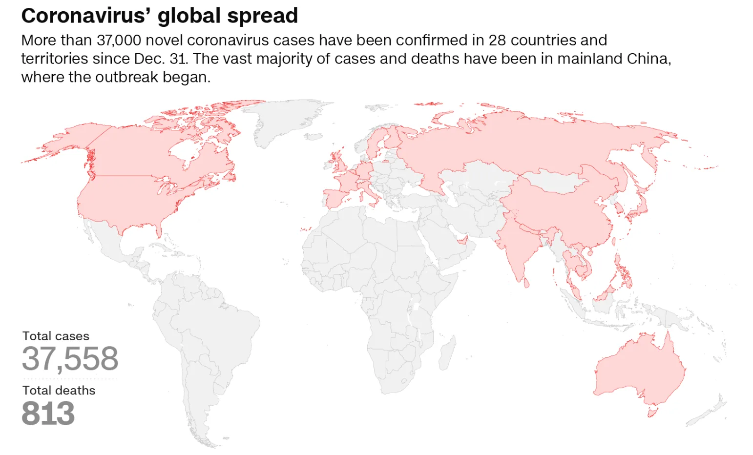 World map of the initial coronavirus outbreak and reported cases