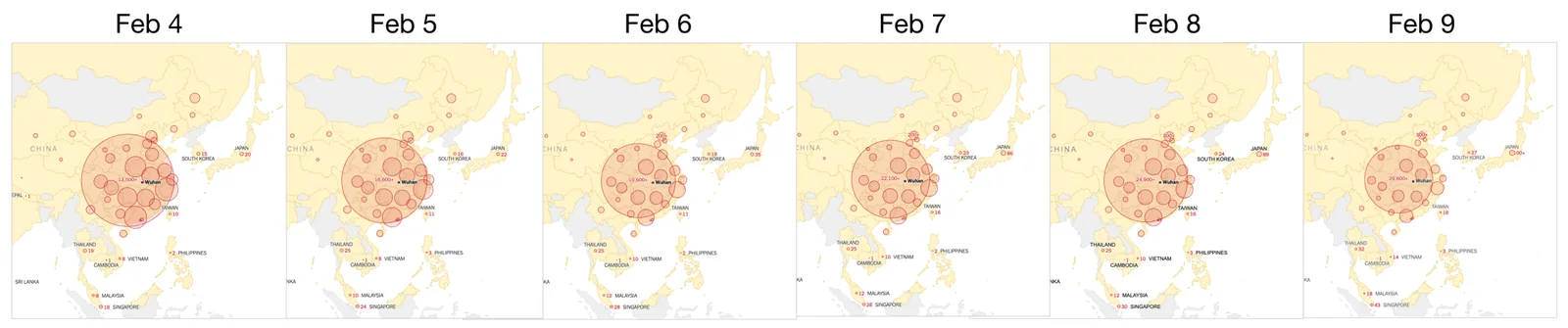 Six daily coronavirus maps for February 4 through February 9